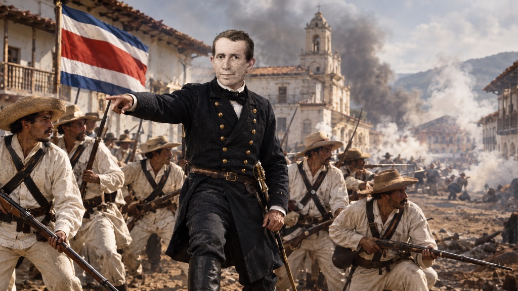 Recreación de una batalla de la Campaña Nacional, con soldados costarricenses y la bandera al fondo
