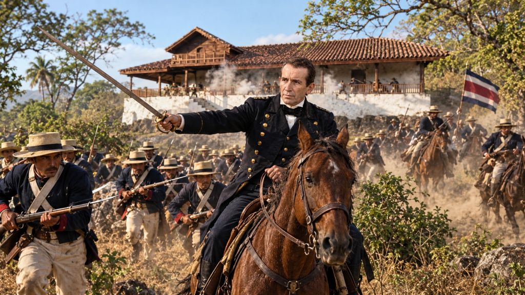 Recreación del general José María Cañas dirigiendo a la caballería costarricense durante la Campaña Nacional