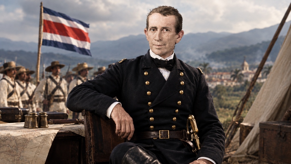 Recreación del general José María Cañas en su campamento, con soldados costarricenses y la bandera al fondo