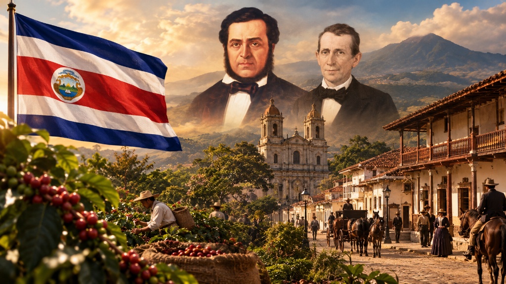 Composición con los retratos de los próceres, la bandera de Costa Rica, una iglesia colonial y una plantación de café