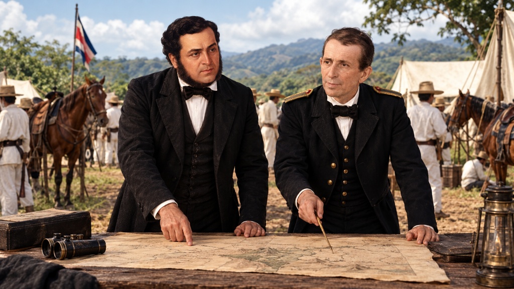 Recreación de Juan Rafael Mora y del general José María Cañas estudiando juntos un mapa en su campamento
