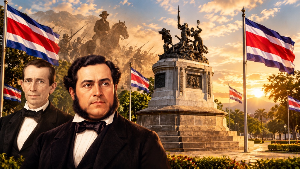 Monumento Nacional de Costa Rica en homenaje a la Campaña Nacional, con banderas al atardecer